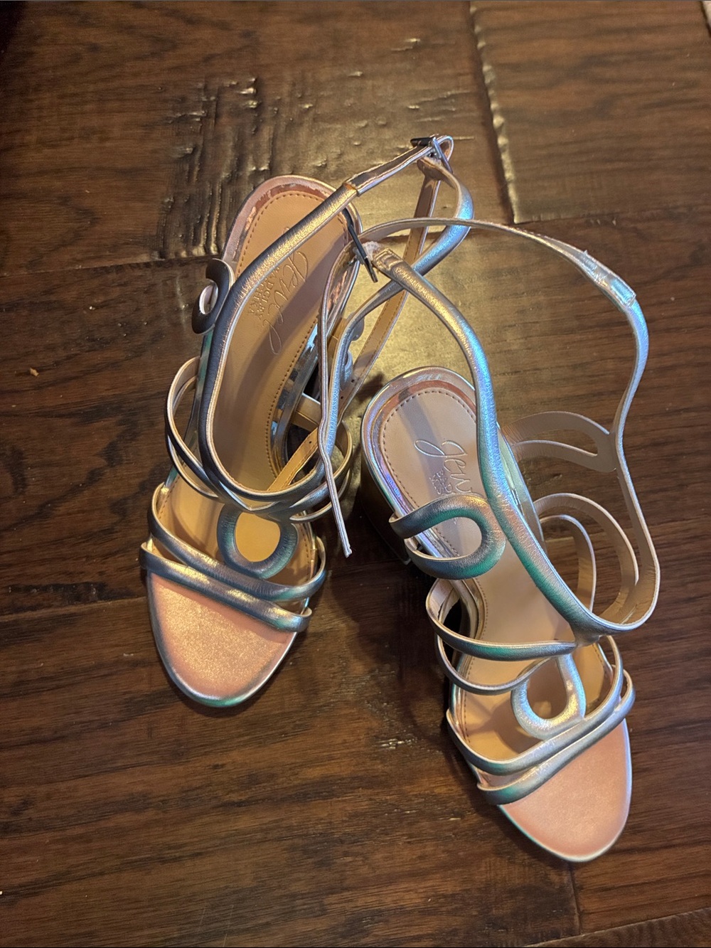 Jewel Badgley Mischka Iridescent Pink and Silver Strappy Heels